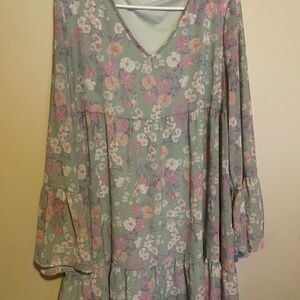 Peach Love California Floral Long Sleeve Dress - Green and Pink